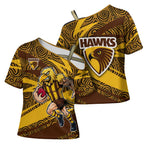 Hawthorn Hawks Australian Football Cross Shoulder Shirt Fierce Bird Mascot With Indigenous Pattern Art
