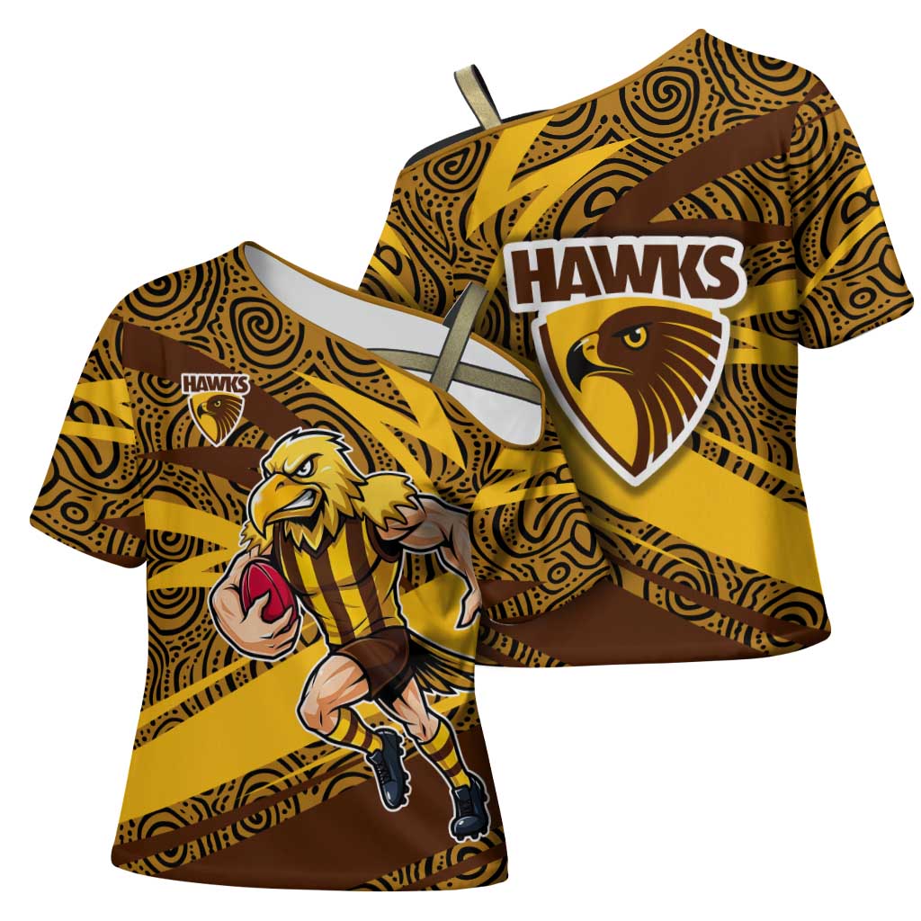 Hawthorn Hawks Australian Football Cross Shoulder Shirt Fierce Bird Mascot With Indigenous Pattern Art