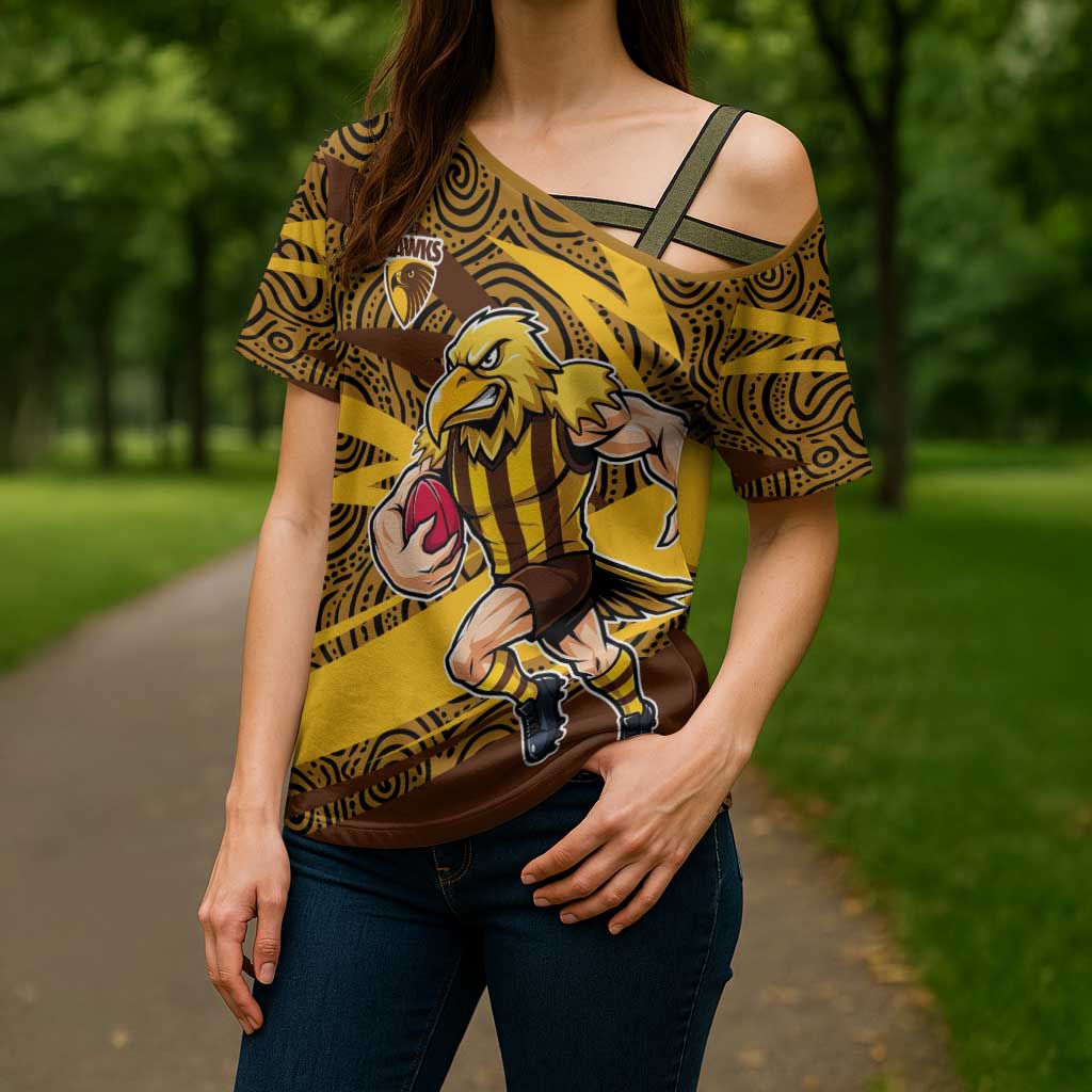 Hawthorn Hawks Australian Football Cross Shoulder Shirt Fierce Bird Mascot With Indigenous Pattern Art
