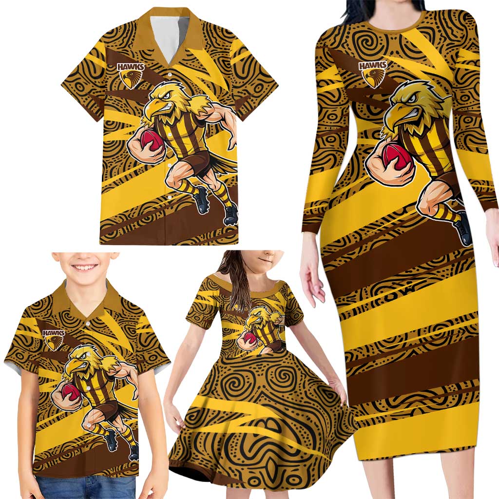 Hawthorn Hawks Australian Football Family Matching Long Sleeve Bodycon Dress and Hawaiian Shirt Fierce Bird Mascot With Indigenous Pattern Art