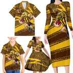 Hawthorn Hawks Australian Football Family Matching Long Sleeve Bodycon Dress and Hawaiian Shirt Fierce Bird Mascot With Indigenous Pattern Art