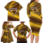 Hawthorn Hawks Australian Football Family Matching Long Sleeve Bodycon Dress and Hawaiian Shirt Fierce Bird Mascot With Indigenous Pattern Art