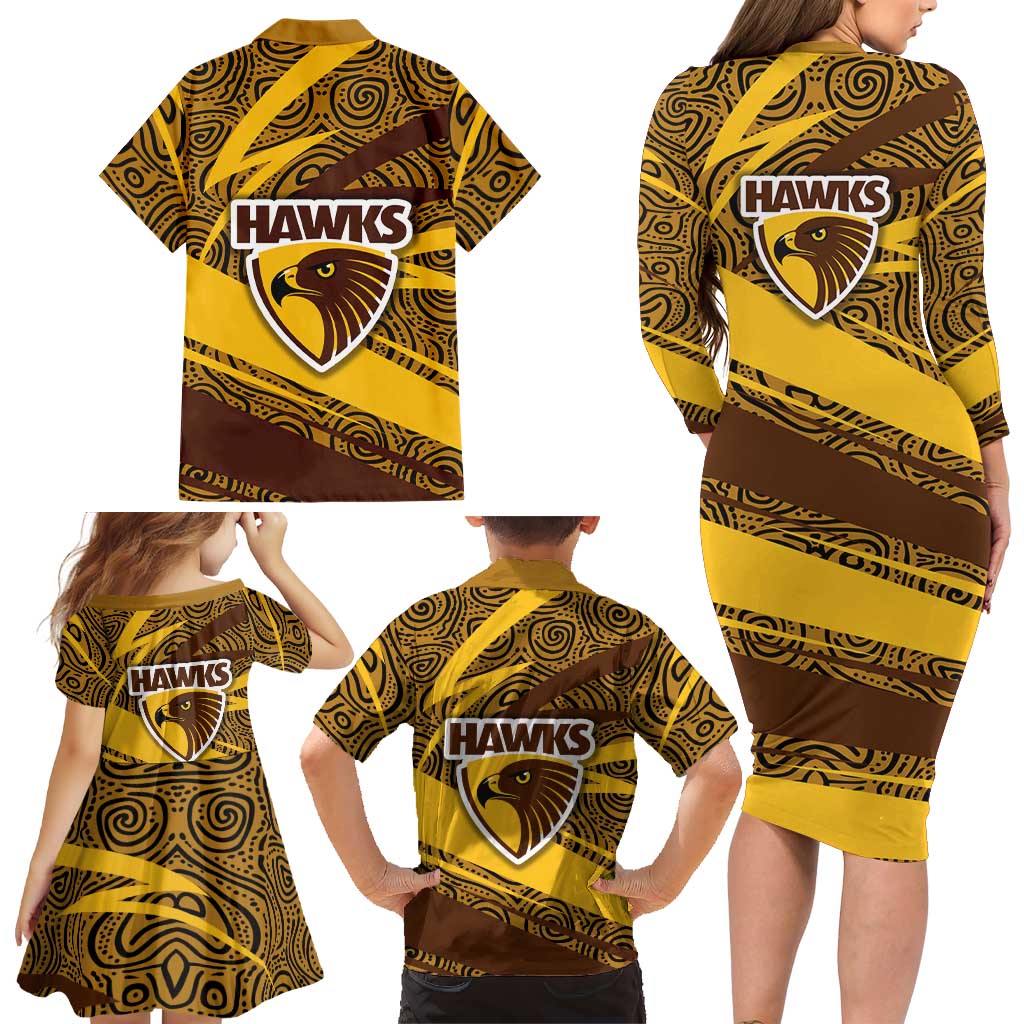 Hawthorn Hawks Australian Football Family Matching Long Sleeve Bodycon Dress and Hawaiian Shirt Fierce Bird Mascot With Indigenous Pattern Art
