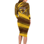 Hawthorn Hawks Australian Football Family Matching Long Sleeve Bodycon Dress and Hawaiian Shirt Fierce Bird Mascot With Indigenous Pattern Art