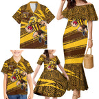 Hawthorn Hawks Australian Football Family Matching Mermaid Dress and Hawaiian Shirt Fierce Bird Mascot With Indigenous Pattern Art