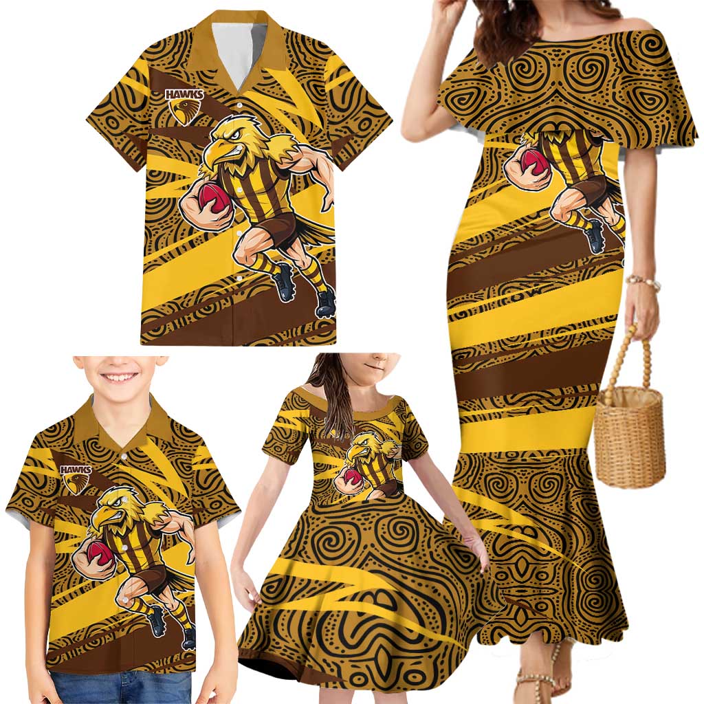 Hawthorn Hawks Australian Football Family Matching Mermaid Dress and Hawaiian Shirt Fierce Bird Mascot With Indigenous Pattern Art