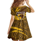Hawthorn Hawks Australian Football Family Matching Mermaid Dress and Hawaiian Shirt Fierce Bird Mascot With Indigenous Pattern Art