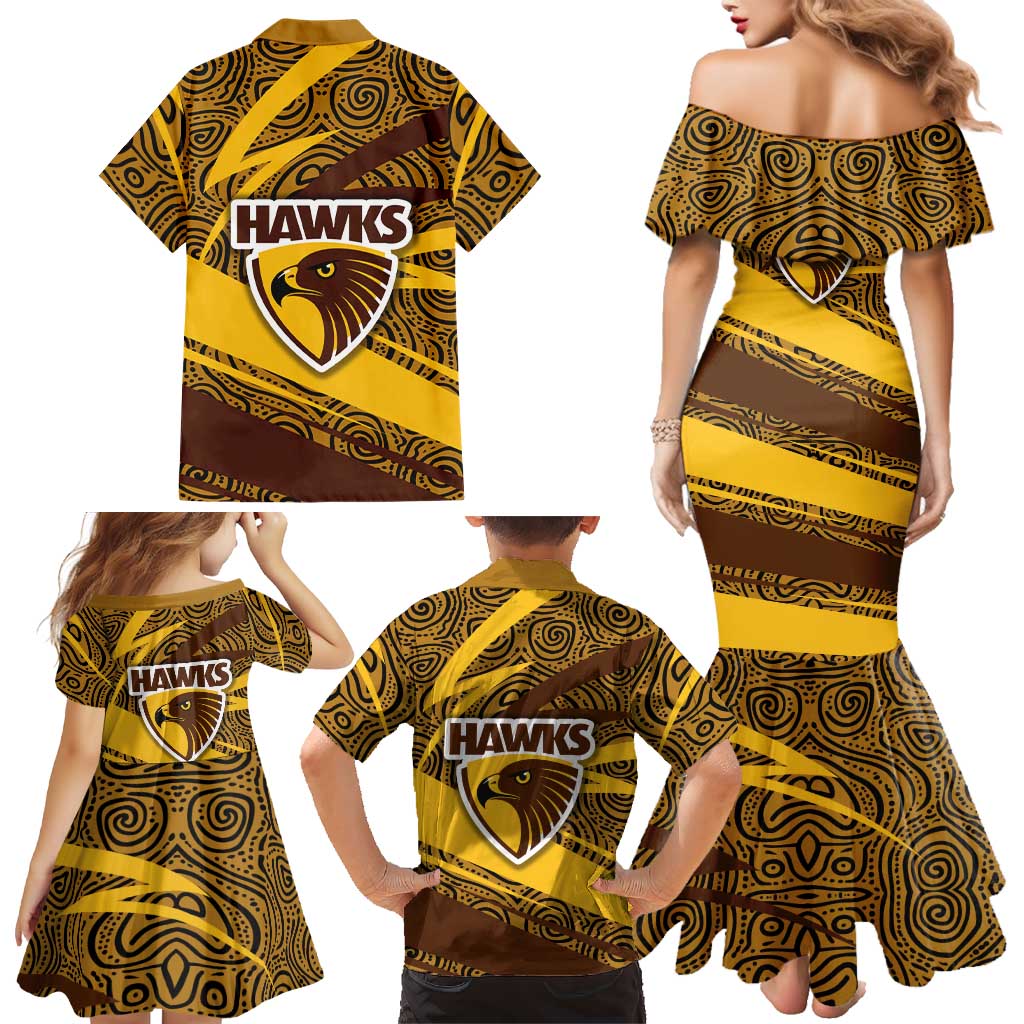 Hawthorn Hawks Australian Football Family Matching Mermaid Dress and Hawaiian Shirt Fierce Bird Mascot With Indigenous Pattern Art