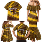 Hawthorn Hawks Australian Football Family Matching Mermaid Dress and Hawaiian Shirt Fierce Bird Mascot With Indigenous Pattern Art