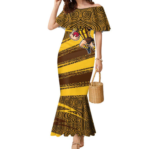 Hawthorn Hawks Australian Football Family Matching Mermaid Dress and Hawaiian Shirt Fierce Bird Mascot With Indigenous Pattern Art