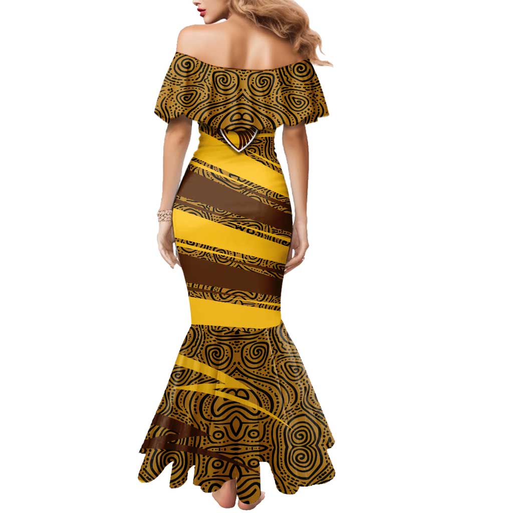 Hawthorn Hawks Australian Football Family Matching Mermaid Dress and Hawaiian Shirt Fierce Bird Mascot With Indigenous Pattern Art
