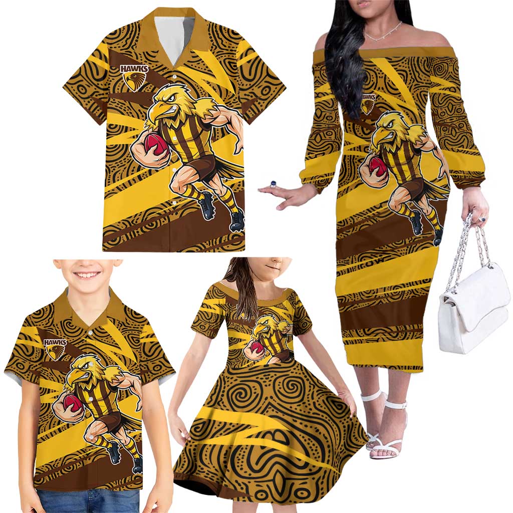 Hawthorn Hawks Australian Football Family Matching Off The Shoulder Long Sleeve Dress and Hawaiian Shirt Fierce Bird Mascot With Indigenous Pattern Art