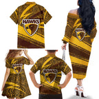 Hawthorn Hawks Australian Football Family Matching Off The Shoulder Long Sleeve Dress and Hawaiian Shirt Fierce Bird Mascot With Indigenous Pattern Art
