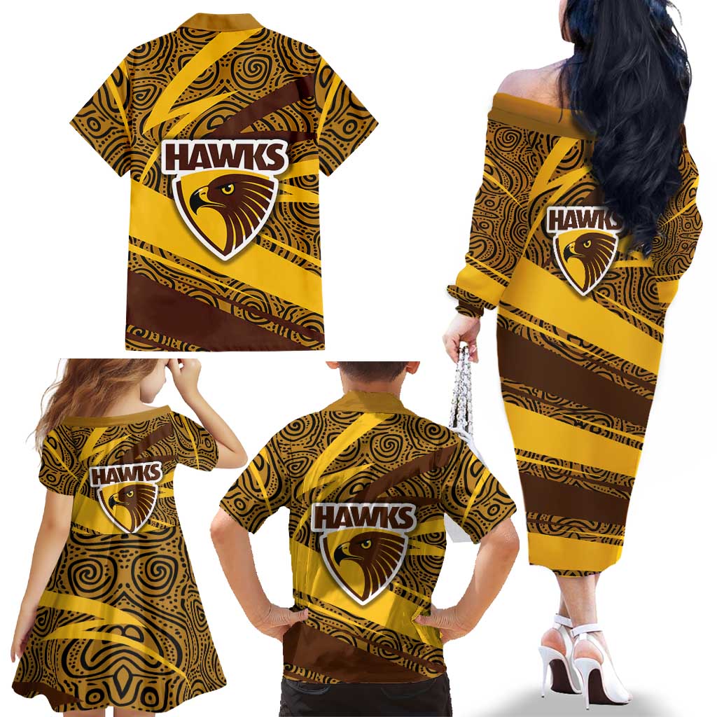 Hawthorn Hawks Australian Football Family Matching Off The Shoulder Long Sleeve Dress and Hawaiian Shirt Fierce Bird Mascot With Indigenous Pattern Art