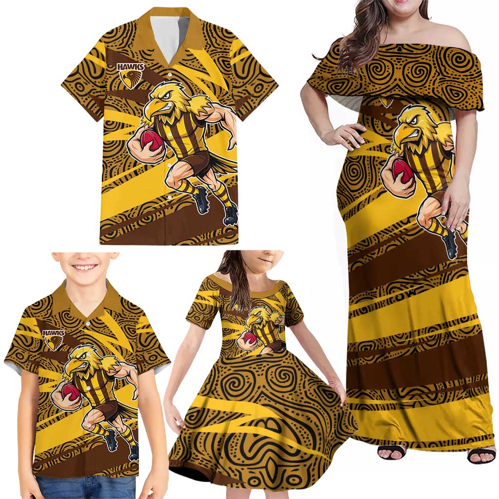 Hawthorn Hawks Australian Football Family Matching Off Shoulder Maxi Dress and Hawaiian Shirt Fierce Bird Mascot With Indigenous Pattern Art