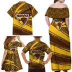 Hawthorn Hawks Australian Football Family Matching Off Shoulder Maxi Dress and Hawaiian Shirt Fierce Bird Mascot With Indigenous Pattern Art