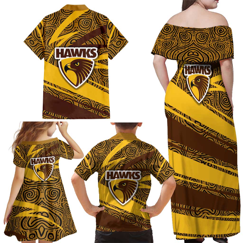 Hawthorn Hawks Australian Football Family Matching Off Shoulder Maxi Dress and Hawaiian Shirt Fierce Bird Mascot With Indigenous Pattern Art
