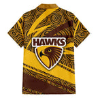 Hawthorn Hawks Australian Football Family Matching Off Shoulder Maxi Dress and Hawaiian Shirt Fierce Bird Mascot With Indigenous Pattern Art