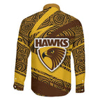 Hawthorn Hawks Australian Football Family Matching Off Shoulder Maxi Dress and Hawaiian Shirt Fierce Bird Mascot With Indigenous Pattern Art