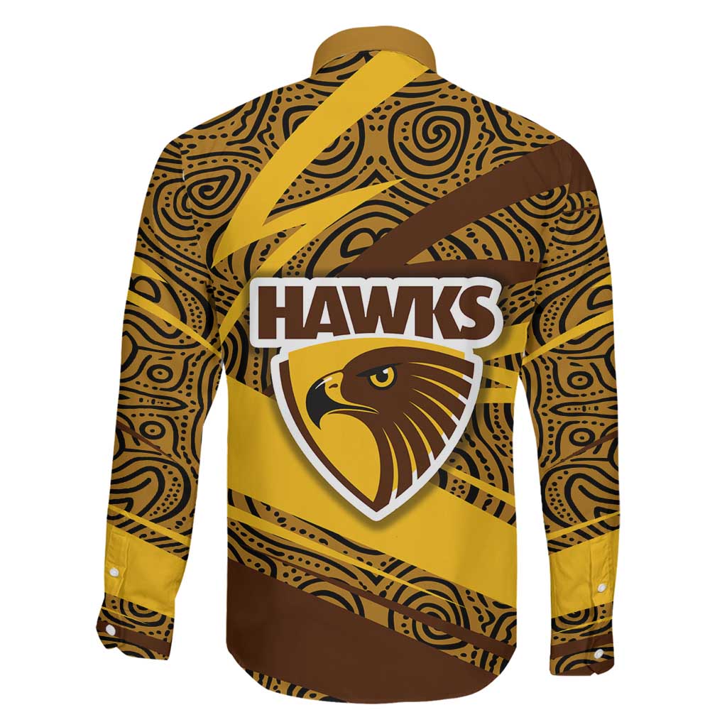 Hawthorn Hawks Australian Football Family Matching Off Shoulder Maxi Dress and Hawaiian Shirt Fierce Bird Mascot With Indigenous Pattern Art