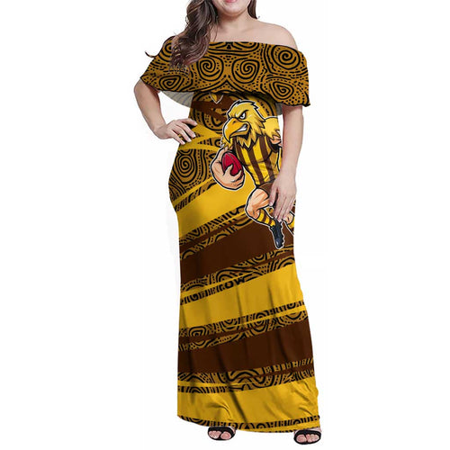 Hawthorn Hawks Australian Football Family Matching Off Shoulder Maxi Dress and Hawaiian Shirt Fierce Bird Mascot With Indigenous Pattern Art