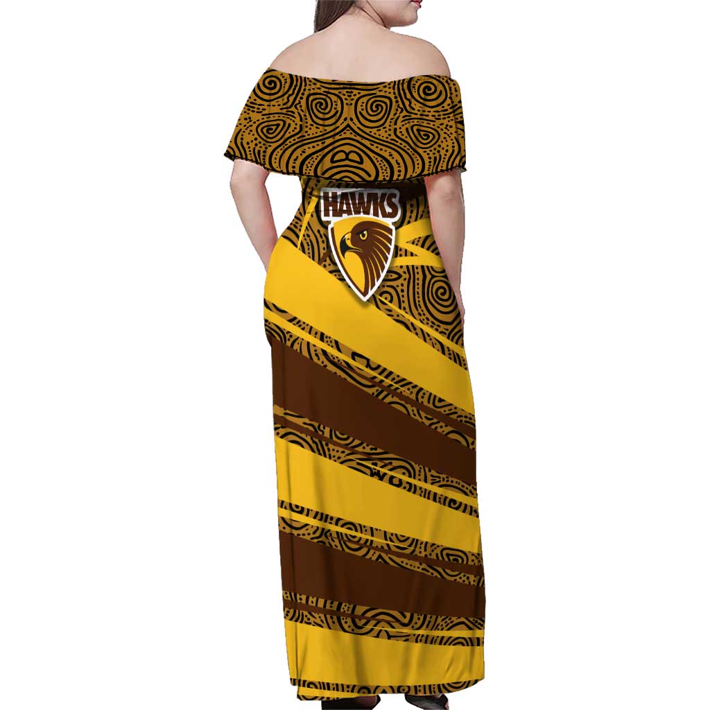 Hawthorn Hawks Australian Football Family Matching Off Shoulder Maxi Dress and Hawaiian Shirt Fierce Bird Mascot With Indigenous Pattern Art