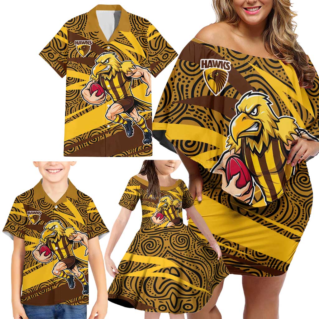 Hawthorn Hawks Australian Football Family Matching Off Shoulder Short Dress and Hawaiian Shirt Fierce Bird Mascot With Indigenous Pattern Art