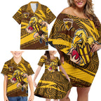 Hawthorn Hawks Australian Football Family Matching Off Shoulder Short Dress and Hawaiian Shirt Fierce Bird Mascot With Indigenous Pattern Art