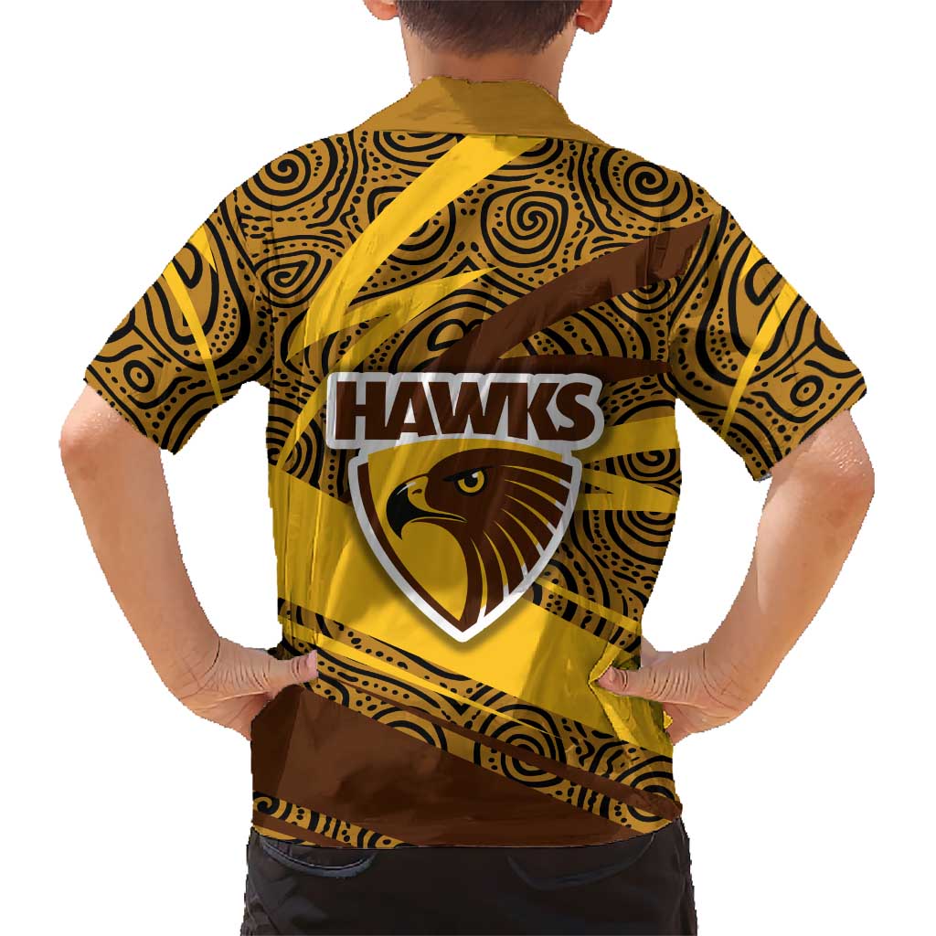 Hawthorn Hawks Australian Football Family Matching Off Shoulder Short Dress and Hawaiian Shirt Fierce Bird Mascot With Indigenous Pattern Art