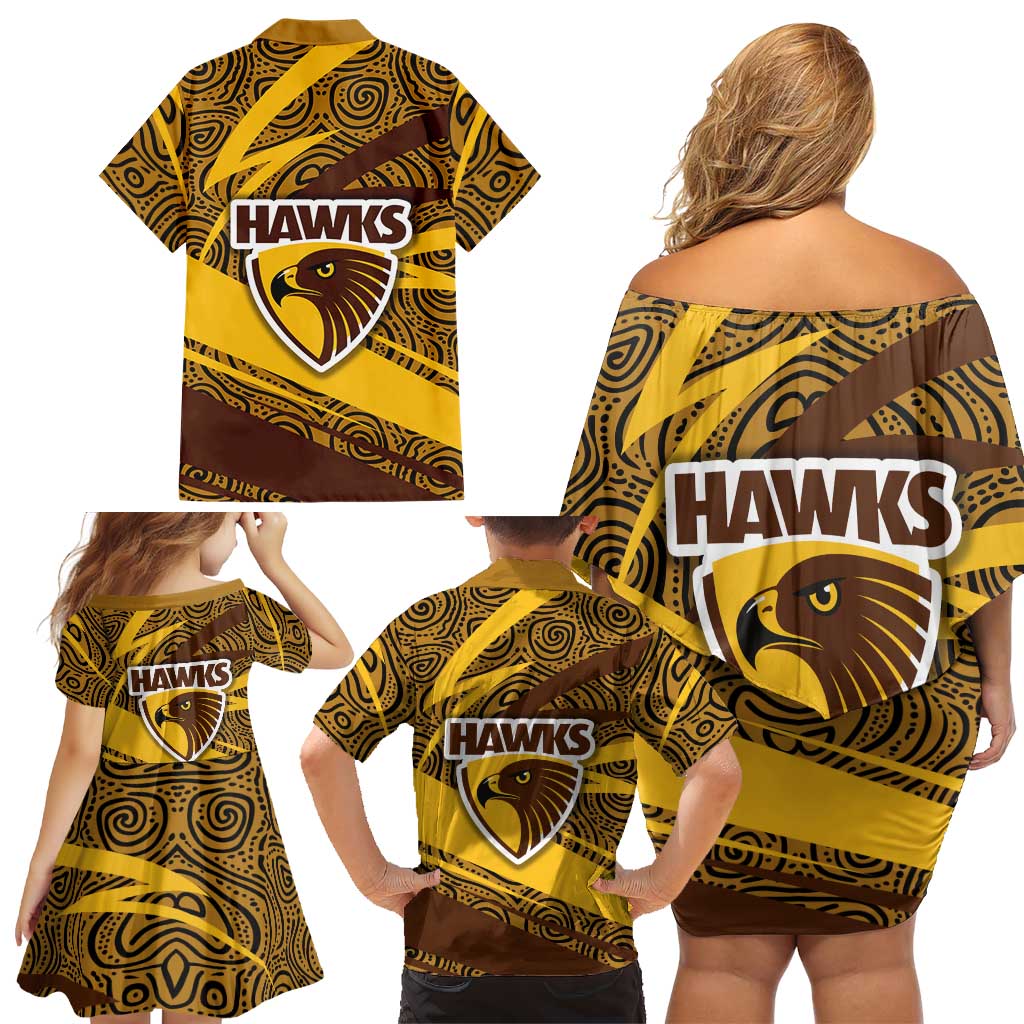 Hawthorn Hawks Australian Football Family Matching Off Shoulder Short Dress and Hawaiian Shirt Fierce Bird Mascot With Indigenous Pattern Art