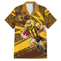 Hawthorn Hawks Australian Football Family Matching Off Shoulder Short Dress and Hawaiian Shirt Fierce Bird Mascot With Indigenous Pattern Art