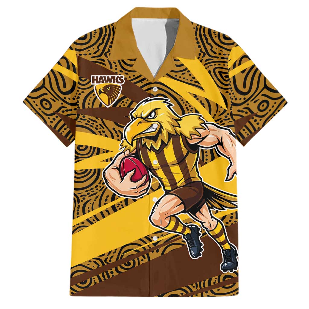 Hawthorn Hawks Australian Football Family Matching Off Shoulder Short Dress and Hawaiian Shirt Fierce Bird Mascot With Indigenous Pattern Art