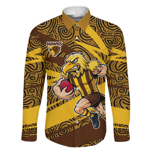 Hawthorn Hawks Australian Football Family Matching Off Shoulder Short Dress and Hawaiian Shirt Fierce Bird Mascot With Indigenous Pattern Art
