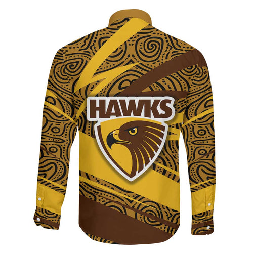 Hawthorn Hawks Australian Football Family Matching Off Shoulder Short Dress and Hawaiian Shirt Fierce Bird Mascot With Indigenous Pattern Art