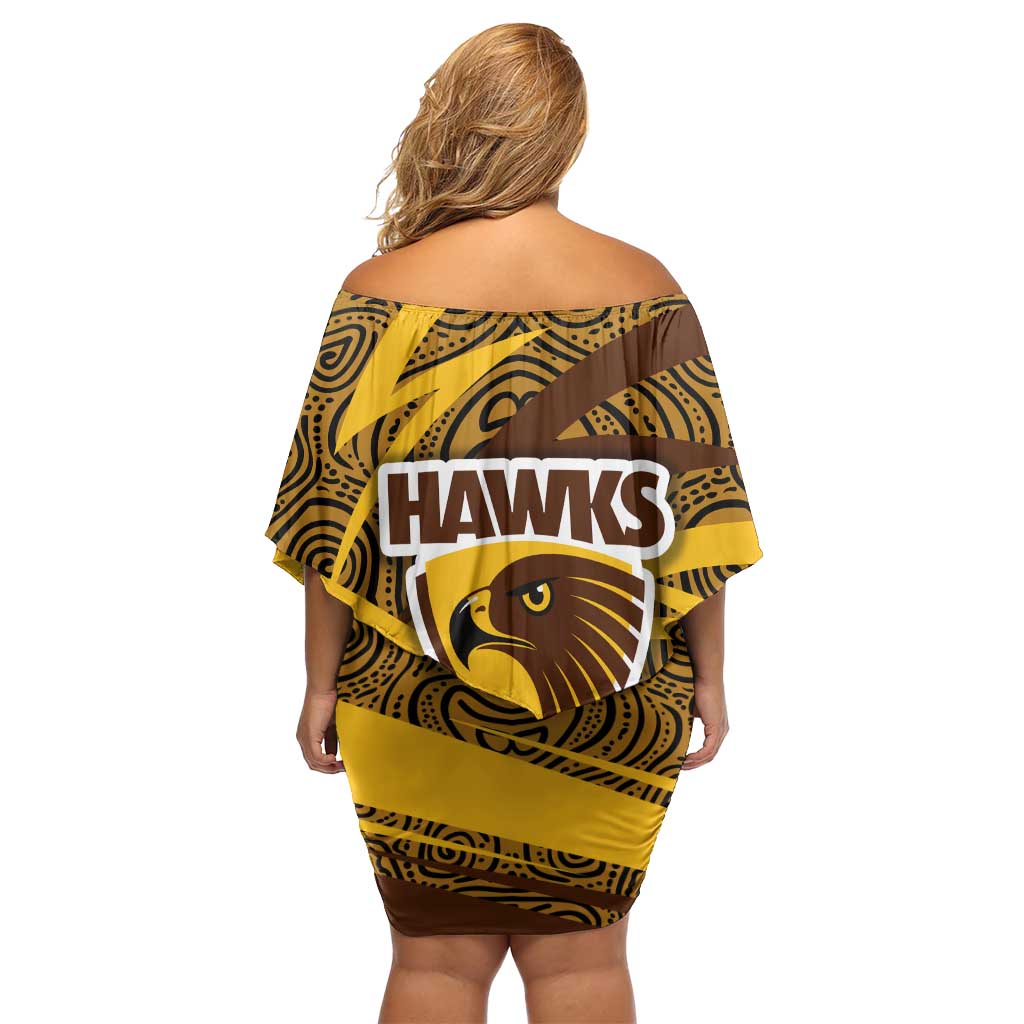 Hawthorn Hawks Australian Football Family Matching Off Shoulder Short Dress and Hawaiian Shirt Fierce Bird Mascot With Indigenous Pattern Art