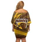 Hawthorn Hawks Australian Football Family Matching Off Shoulder Short Dress and Hawaiian Shirt Fierce Bird Mascot With Indigenous Pattern Art