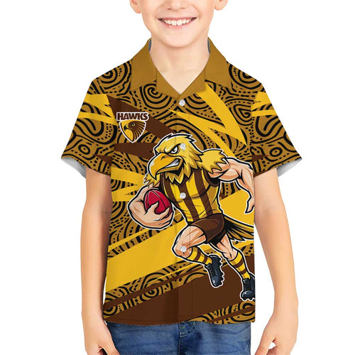 Hawthorn Hawks Australian Football Family Matching Off Shoulder Short Dress and Hawaiian Shirt Fierce Bird Mascot With Indigenous Pattern Art