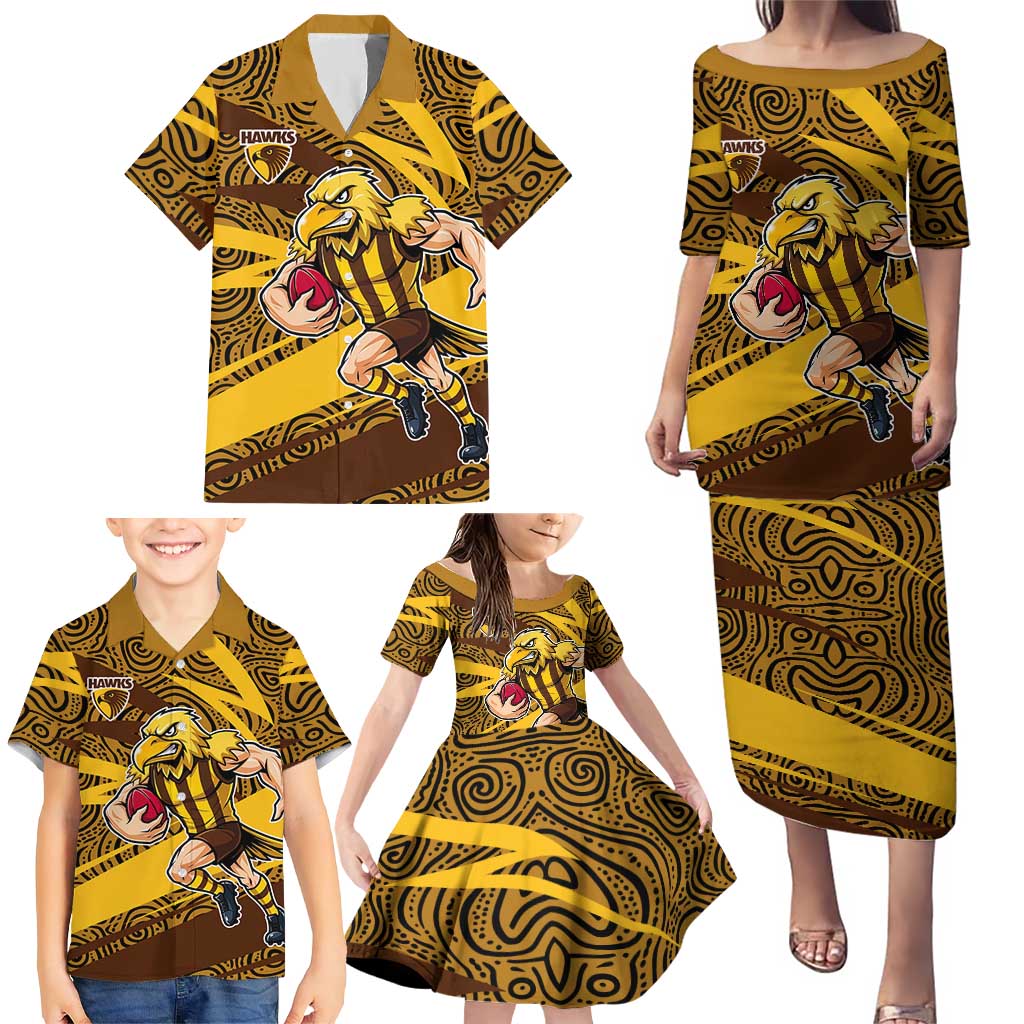 Hawthorn Hawks Australian Football Family Matching Puletasi and Hawaiian Shirt Fierce Bird Mascot With Indigenous Pattern Art