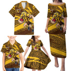 Hawthorn Hawks Australian Football Family Matching Puletasi and Hawaiian Shirt Fierce Bird Mascot With Indigenous Pattern Art