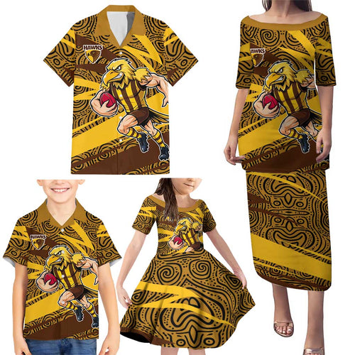 Hawthorn Hawks Australian Football Family Matching Puletasi and Hawaiian Shirt Fierce Bird Mascot With Indigenous Pattern Art