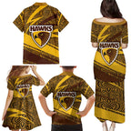 Hawthorn Hawks Australian Football Family Matching Puletasi and Hawaiian Shirt Fierce Bird Mascot With Indigenous Pattern Art