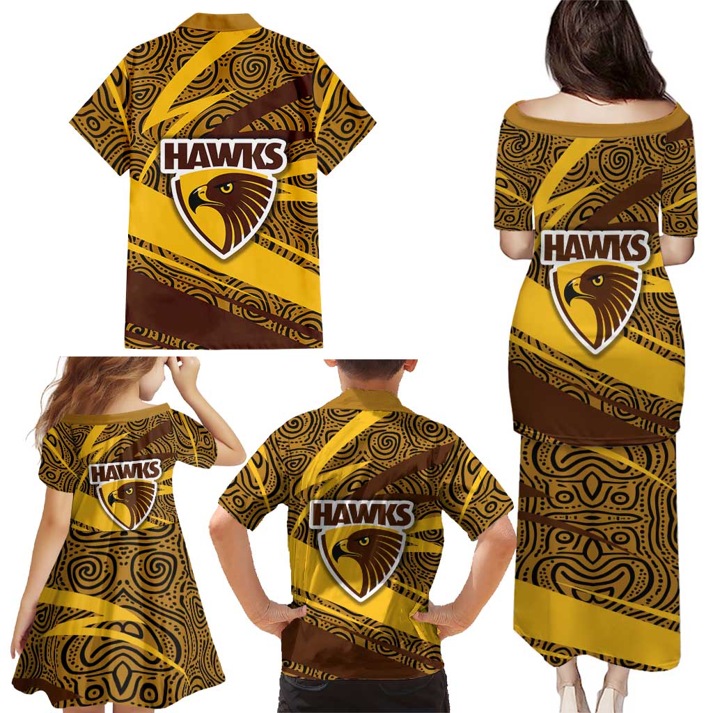 Hawthorn Hawks Australian Football Family Matching Puletasi and Hawaiian Shirt Fierce Bird Mascot With Indigenous Pattern Art