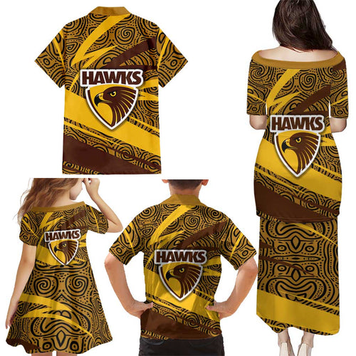 Hawthorn Hawks Australian Football Family Matching Puletasi and Hawaiian Shirt Fierce Bird Mascot With Indigenous Pattern Art