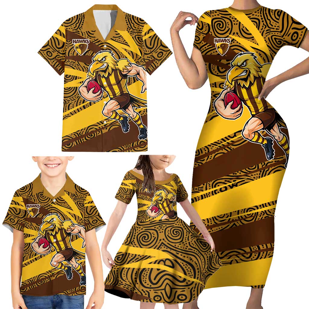 Hawthorn Hawks Australian Football Family Matching Short Sleeve Bodycon Dress and Hawaiian Shirt Fierce Bird Mascot With Indigenous Pattern Art