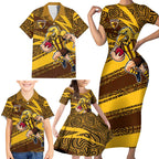Hawthorn Hawks Australian Football Family Matching Short Sleeve Bodycon Dress and Hawaiian Shirt Fierce Bird Mascot With Indigenous Pattern Art