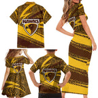 Hawthorn Hawks Australian Football Family Matching Short Sleeve Bodycon Dress and Hawaiian Shirt Fierce Bird Mascot With Indigenous Pattern Art