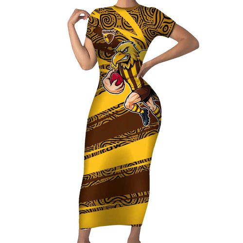 Hawthorn Hawks Australian Football Family Matching Short Sleeve Bodycon Dress and Hawaiian Shirt Fierce Bird Mascot With Indigenous Pattern Art