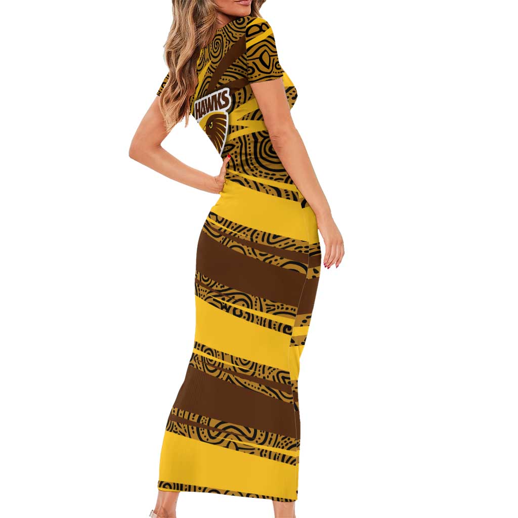Hawthorn Hawks Australian Football Family Matching Short Sleeve Bodycon Dress and Hawaiian Shirt Fierce Bird Mascot With Indigenous Pattern Art
