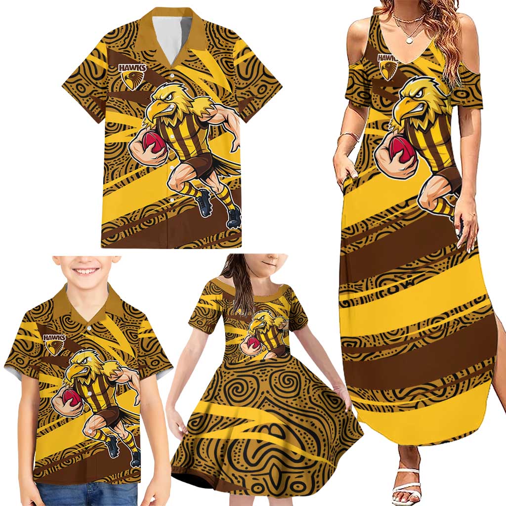 Hawthorn Hawks Australian Football Family Matching Summer Maxi Dress and Hawaiian Shirt Fierce Bird Mascot With Indigenous Pattern Art