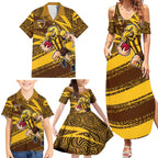 Hawthorn Hawks Australian Football Family Matching Summer Maxi Dress and Hawaiian Shirt Fierce Bird Mascot With Indigenous Pattern Art